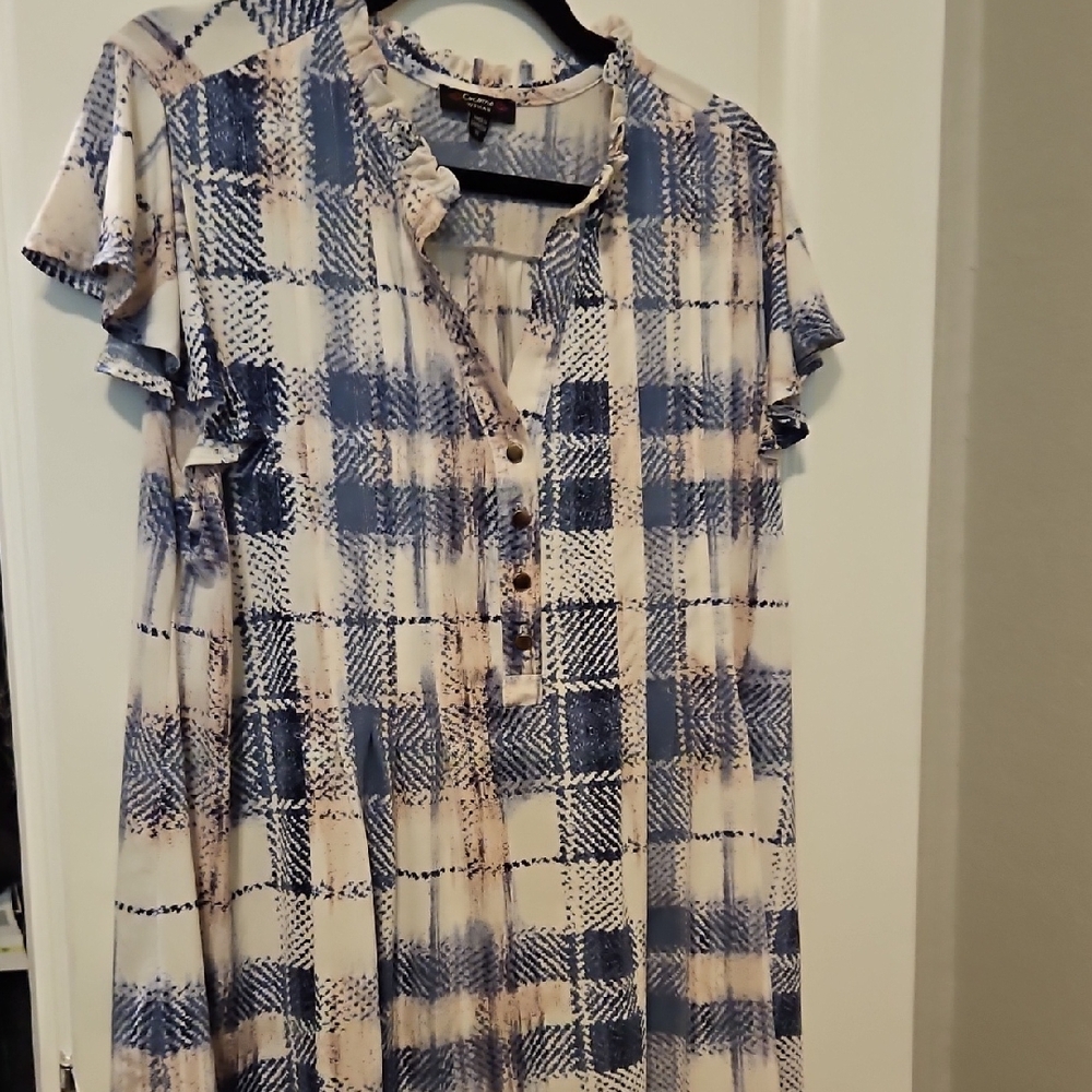 Cocomo Blue and White Buttoned Flutter Sleeve Blouse